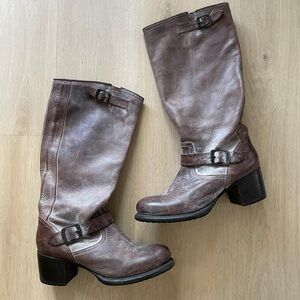 Frye Vera Slouch Grey Black Leather Block Heel Moto Knee High Tall Buckle Boot